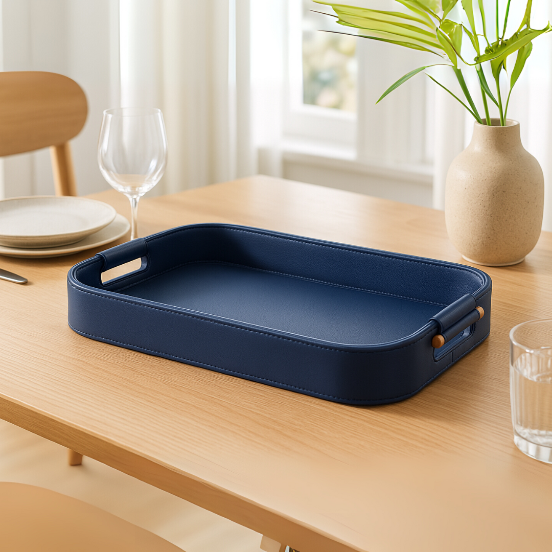 Blue Faux Leather Large Serving Tray With Wooden Handle