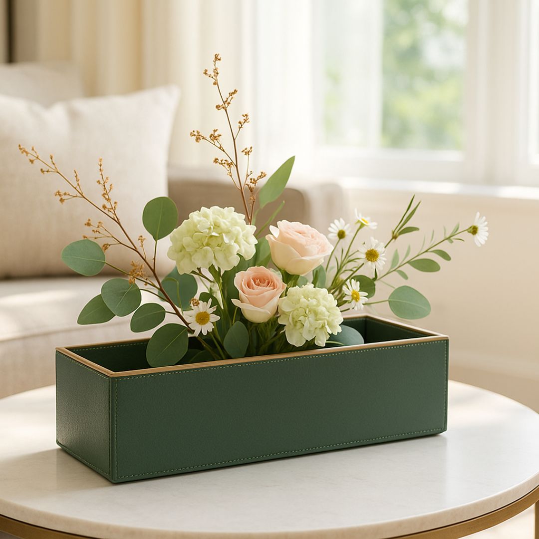 Green Faux Leather Rectangular Flower Vase