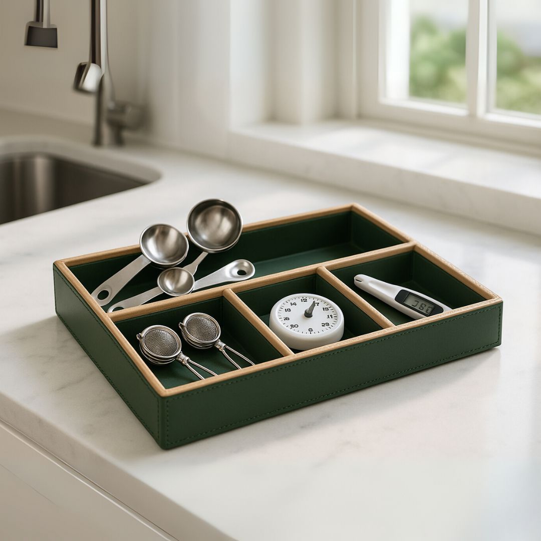 Green Faux Leather Slot of 4 Stack Tray