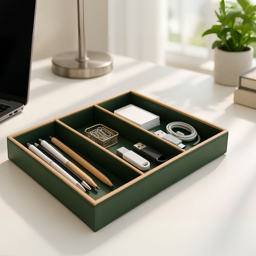 Green Faux Leather Slot of 3 Stack Tray