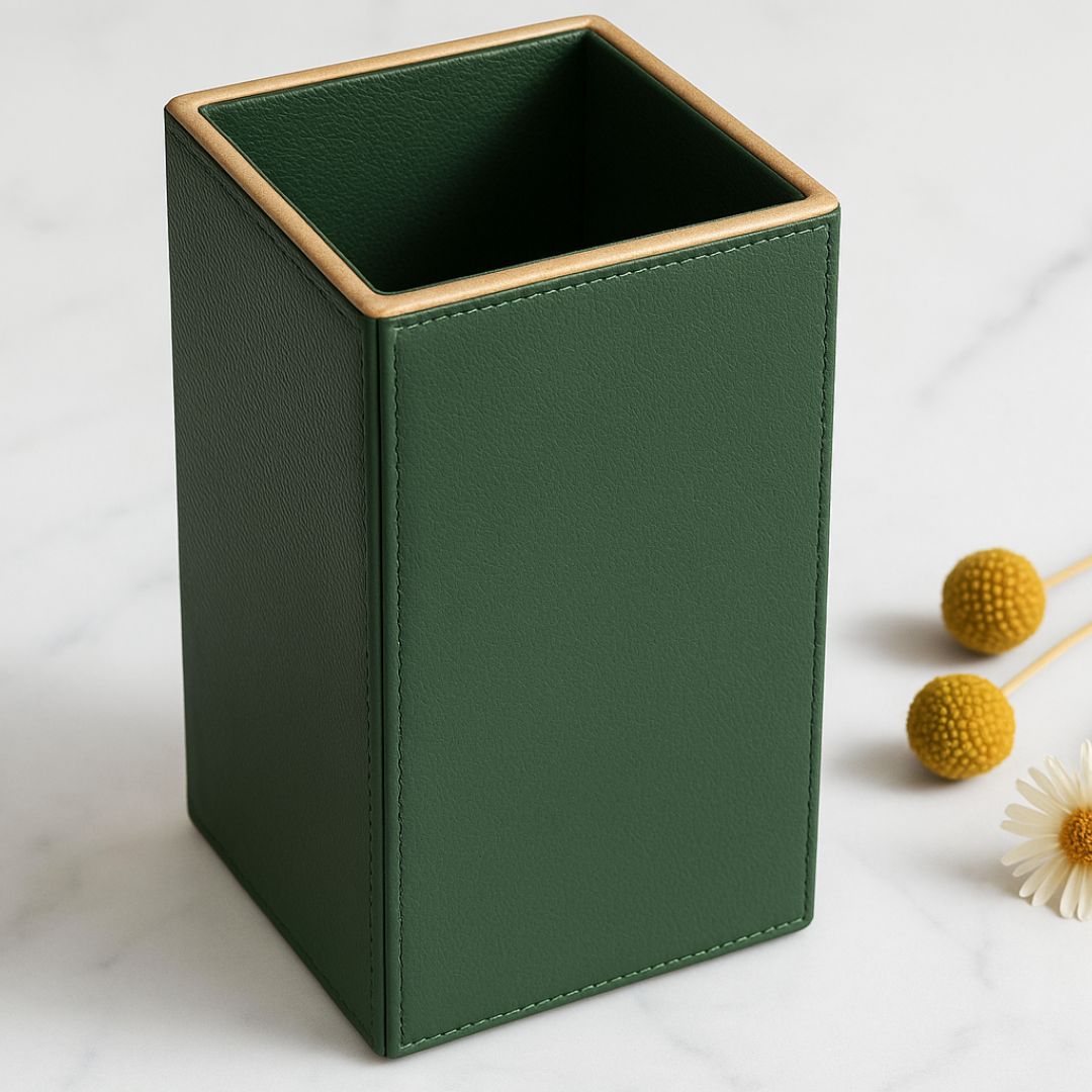 Green Faux Leather Medium Vertical Flower Vase