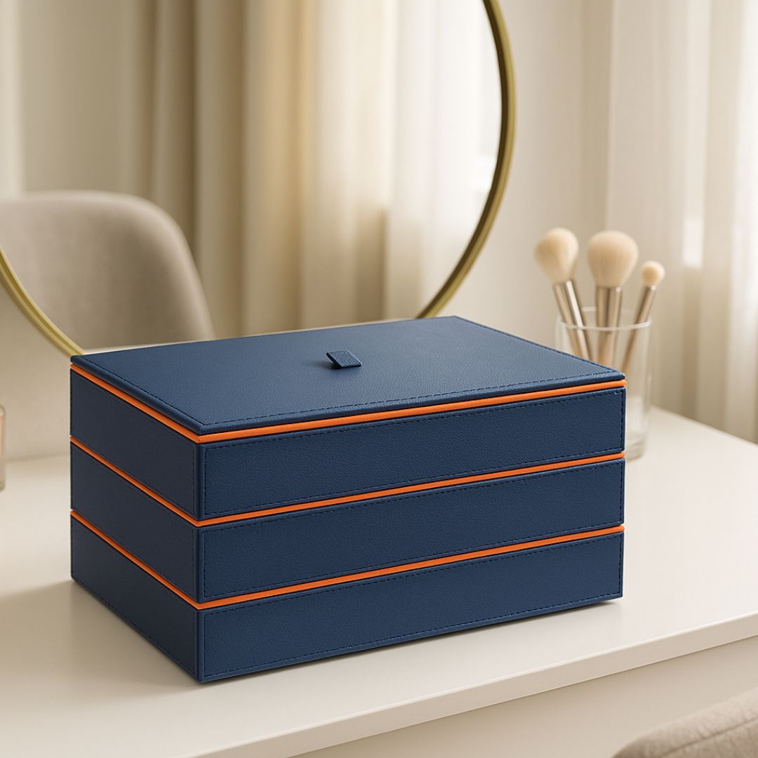 Blue Faux Leather Set of 3 Stack Tray With Lid