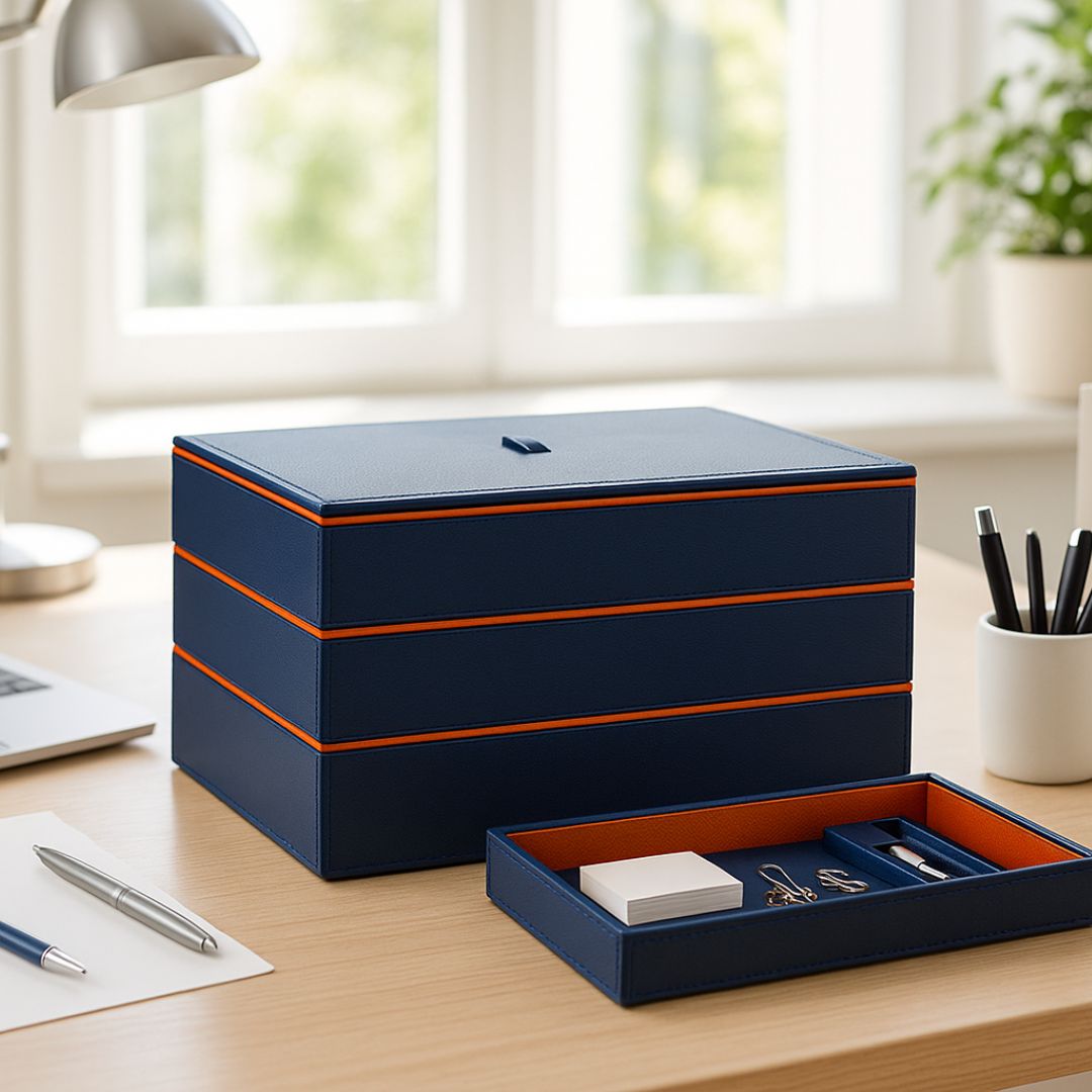 Blue Faux Leather Set of 3 Stack Tray With Lid
