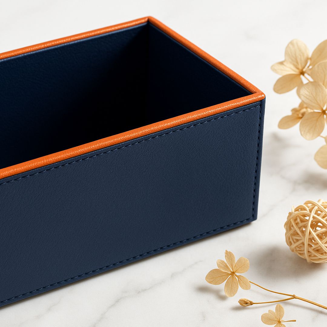 Blue Faux Leather Rectangular Flower Vase