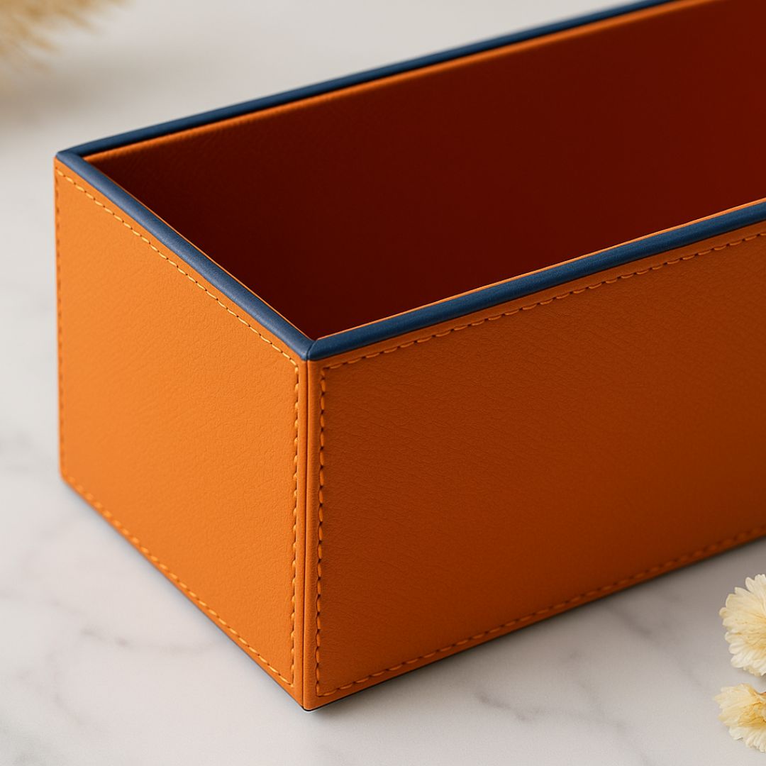 Orange Faux Leather Rectangular Flower Vase