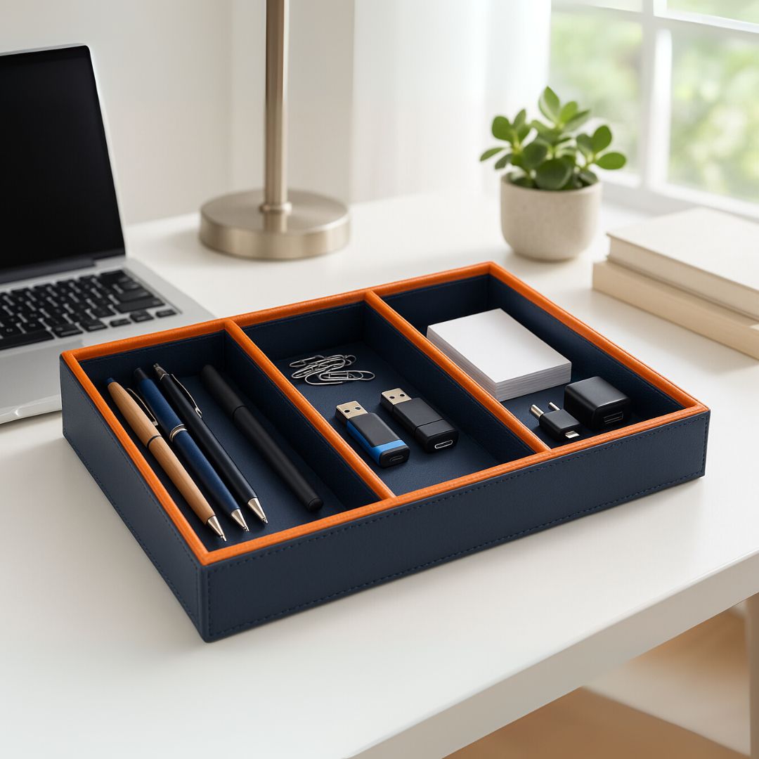 Blue Faux Leather Set of 3 Stack Tray With Lid