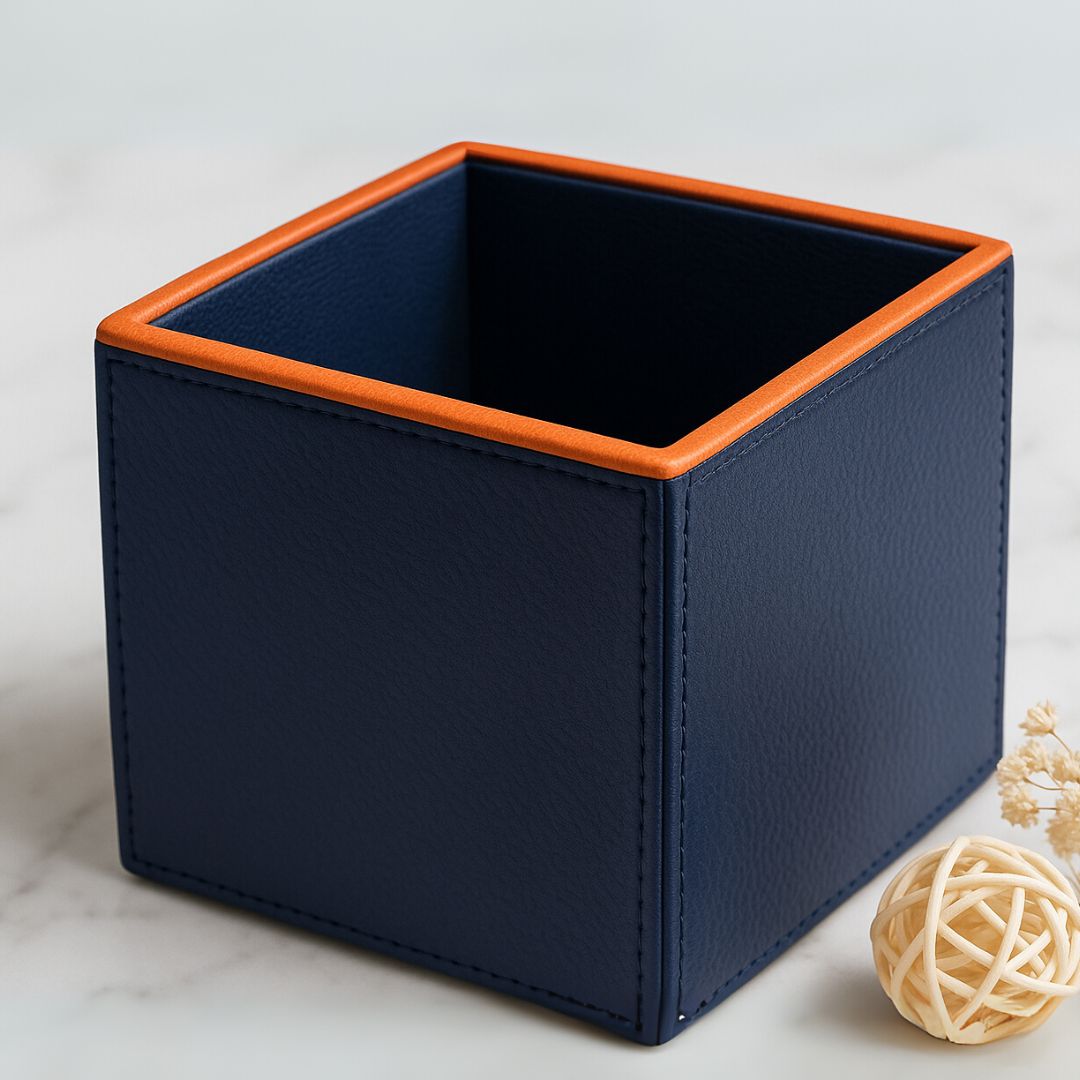 Blue Faux Leather Small Vertical Flower Vase