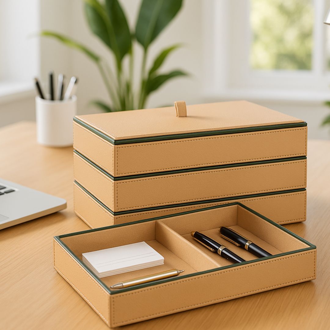 Beige Faux Leather Set of 3 Stack Tray With Lid