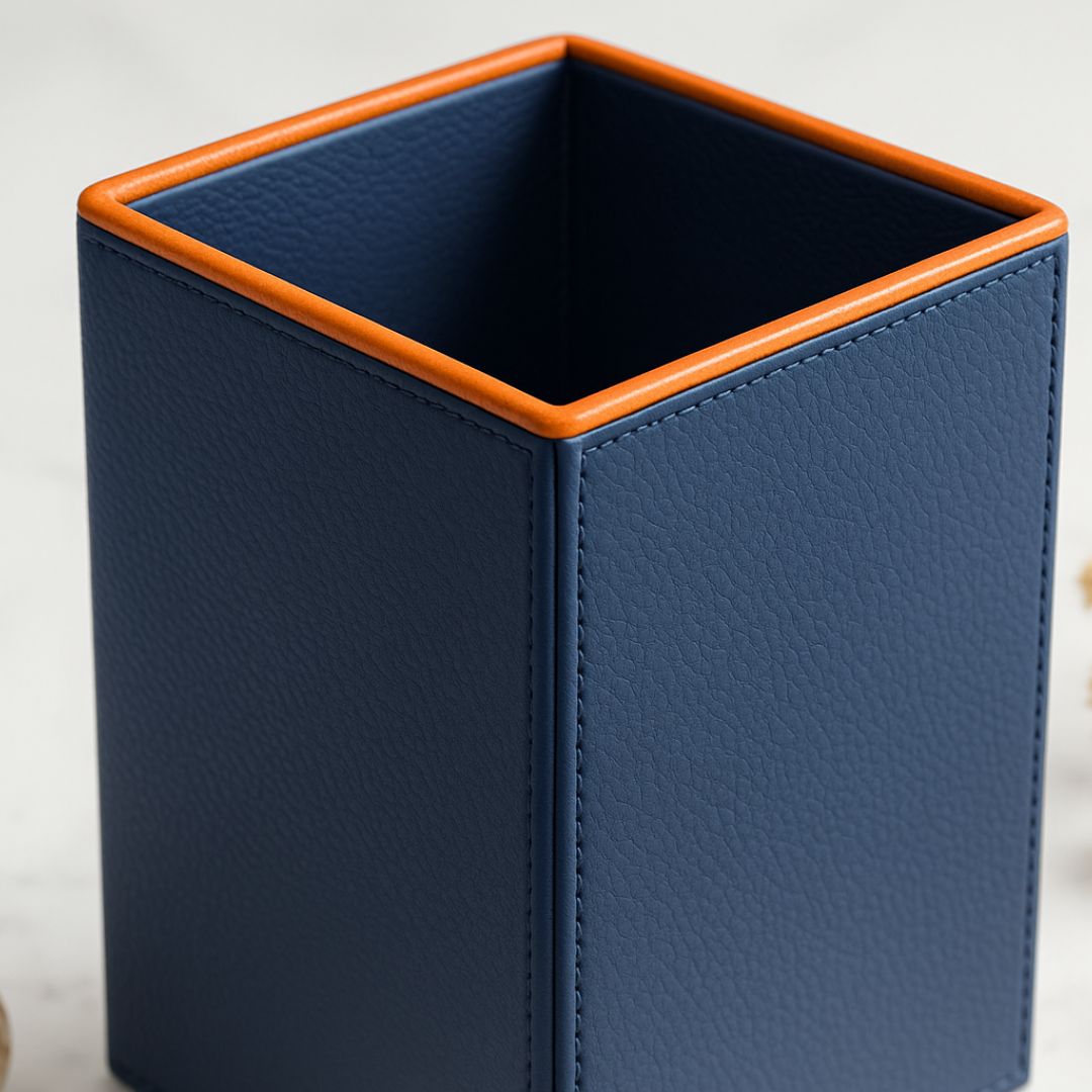Blue Faux Leather Medium Vertical Flower Vase