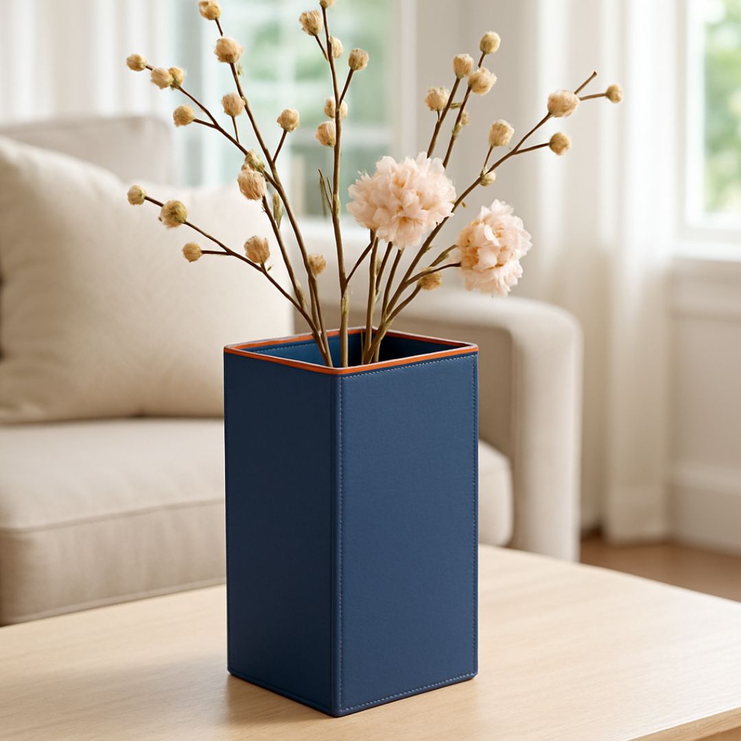 Blue Faux Leather Medium Vertical Flower Vase