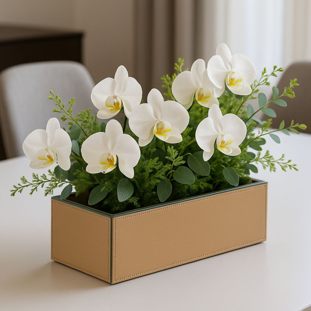 Beige Faux Leather Rectangular Flower Vase