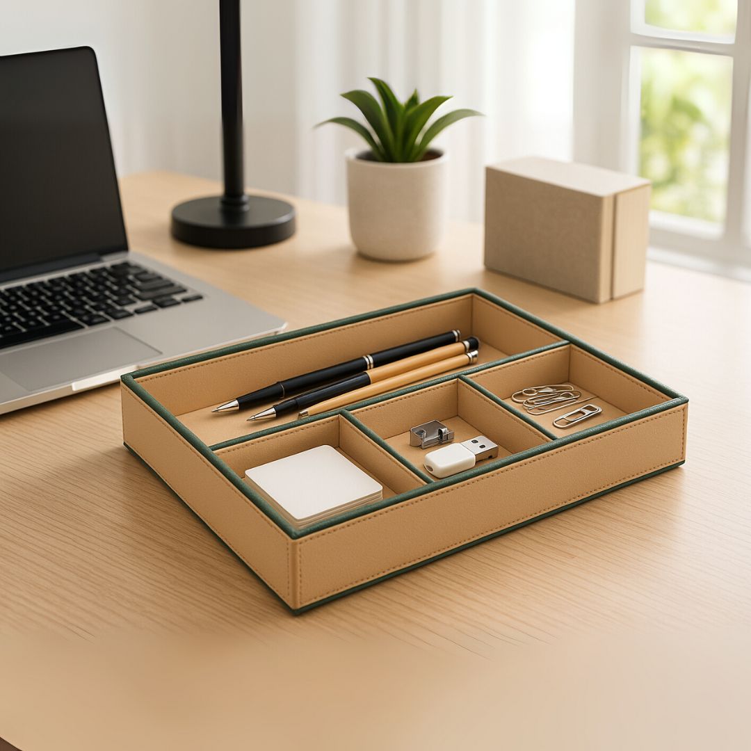Beige Faux Leather Slot of 4 Stack Tray
