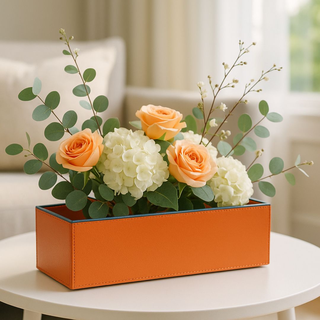 Orange Faux Leather Rectangular Flower Vase