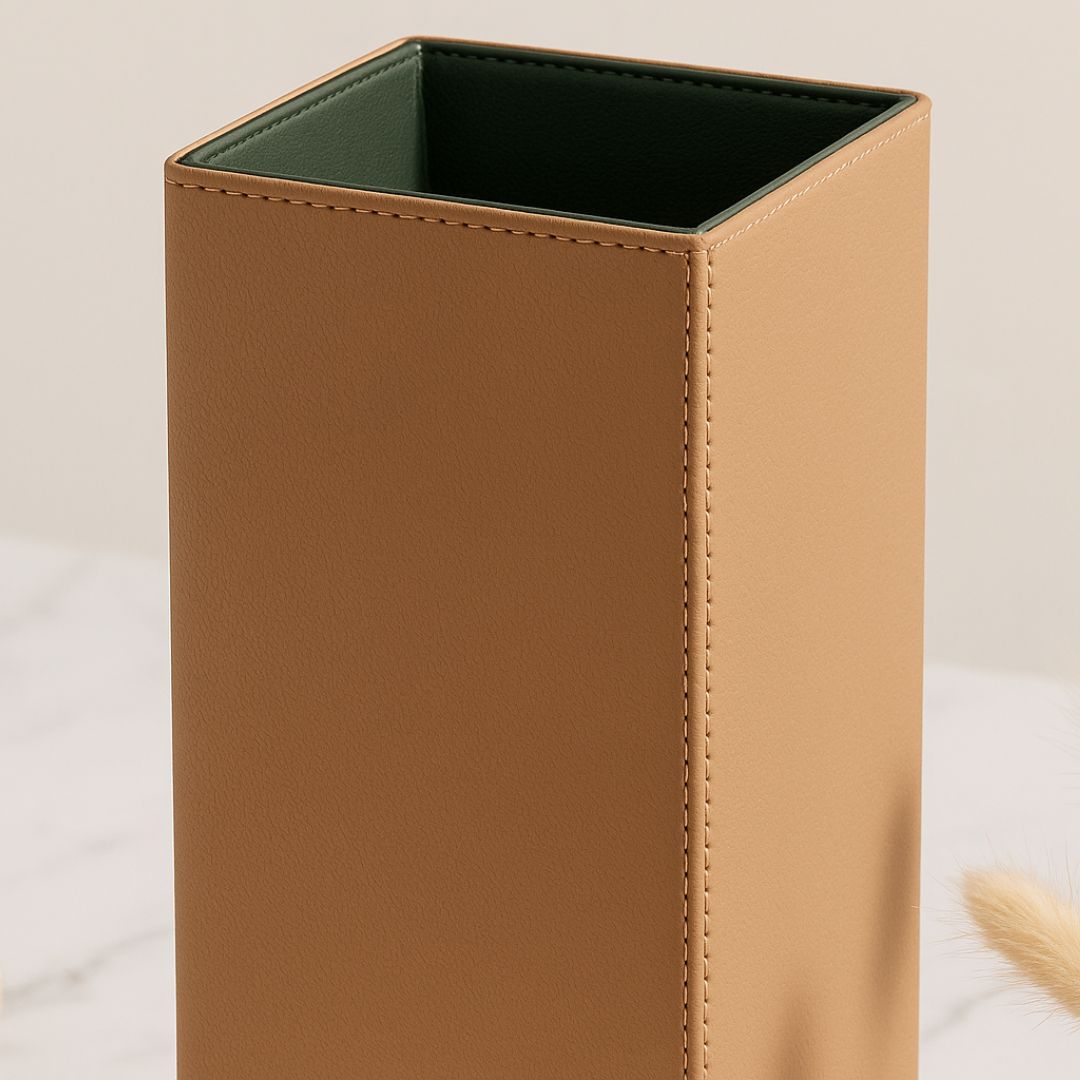 Beige Faux Leather Large Vertical Flower Vase