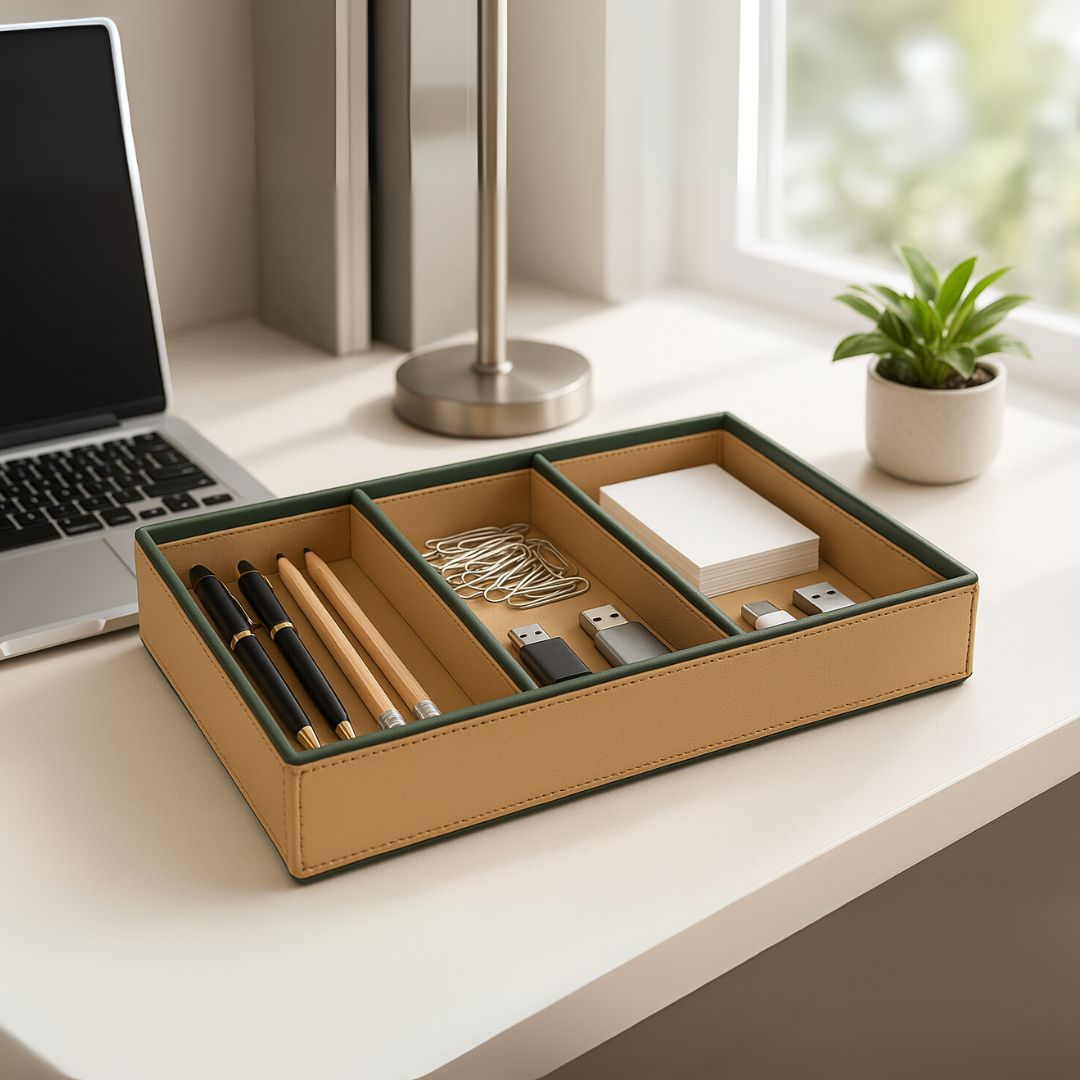 Beige Faux Leather Slot of 3 Stack Tray