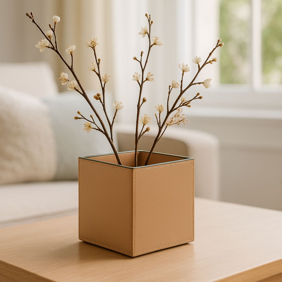 Beige Faux Leather Small Vertical Flower Vase