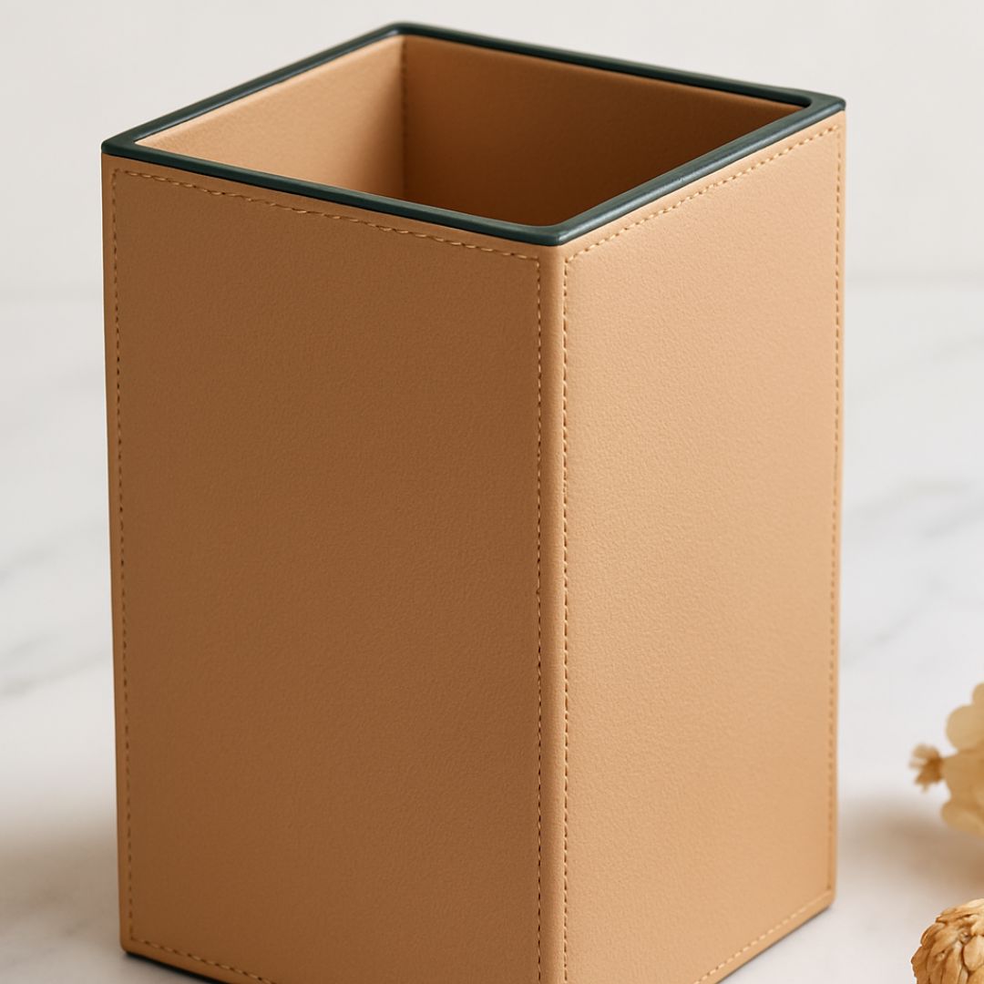 Beige Faux Leather Medium Vertical Flower Vase