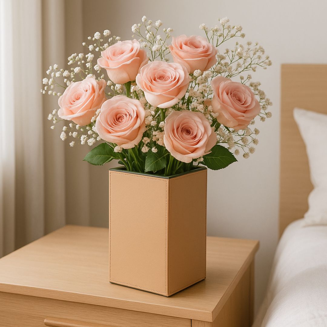 Beige Faux Leather Medium Vertical Flower Vase