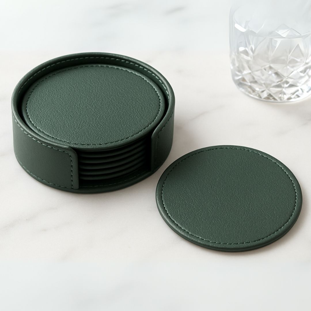 Green Faux Leather Coaster Set