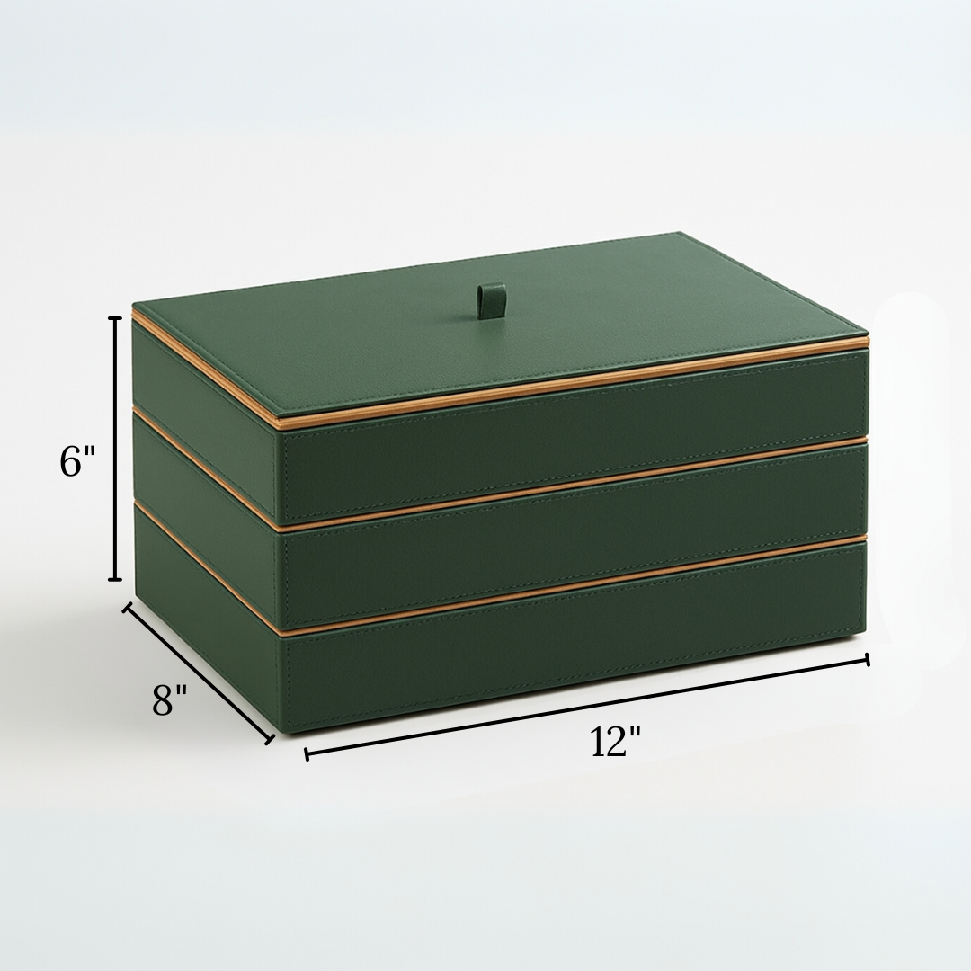 Green Faux Leather Set of 3 Stack Tray With Lid