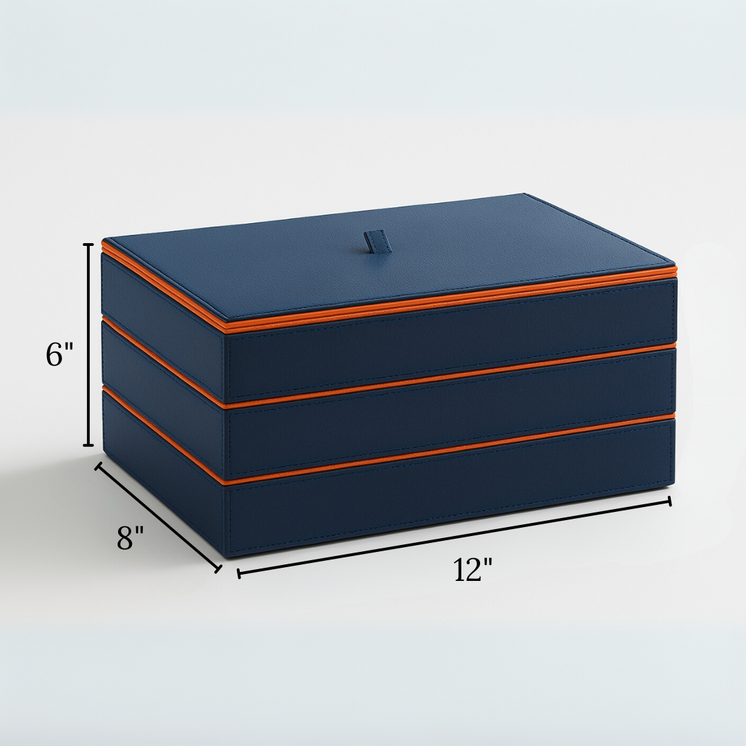 Blue Faux Leather Set of 3 Stack Tray With Lid