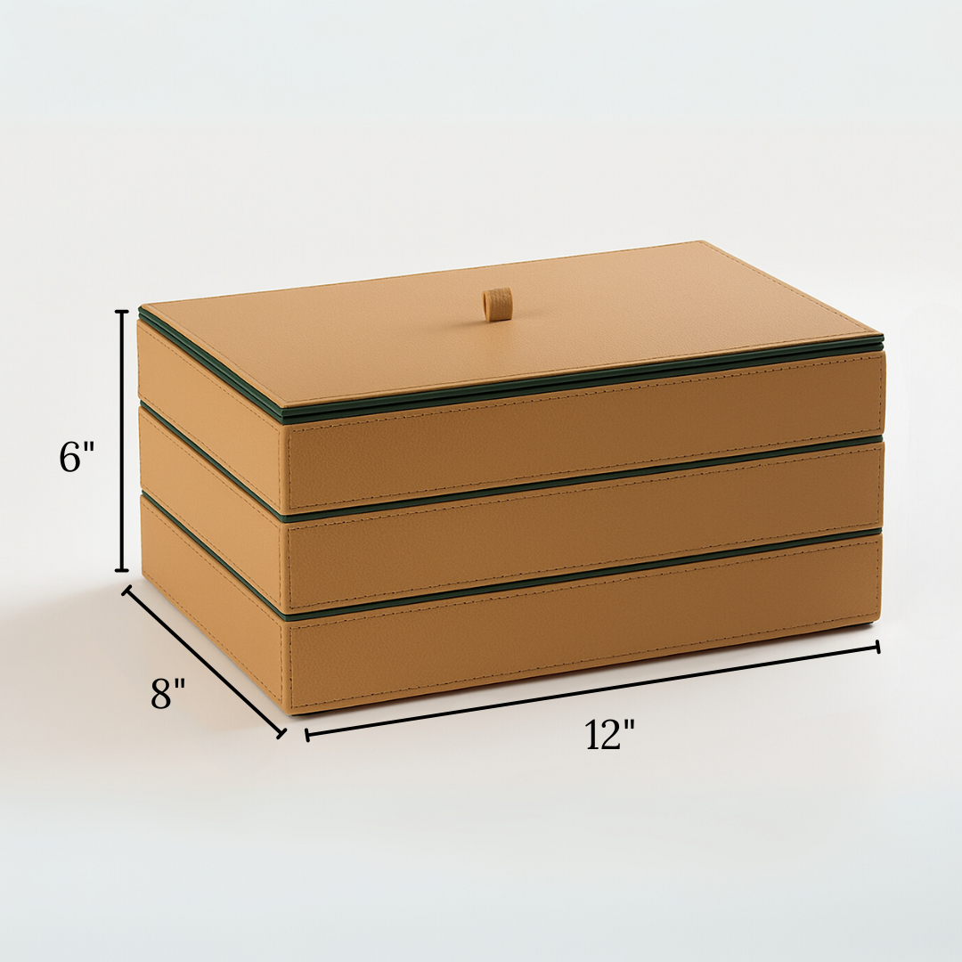 Beige Faux Leather Set of 3 Stack Tray With Lid