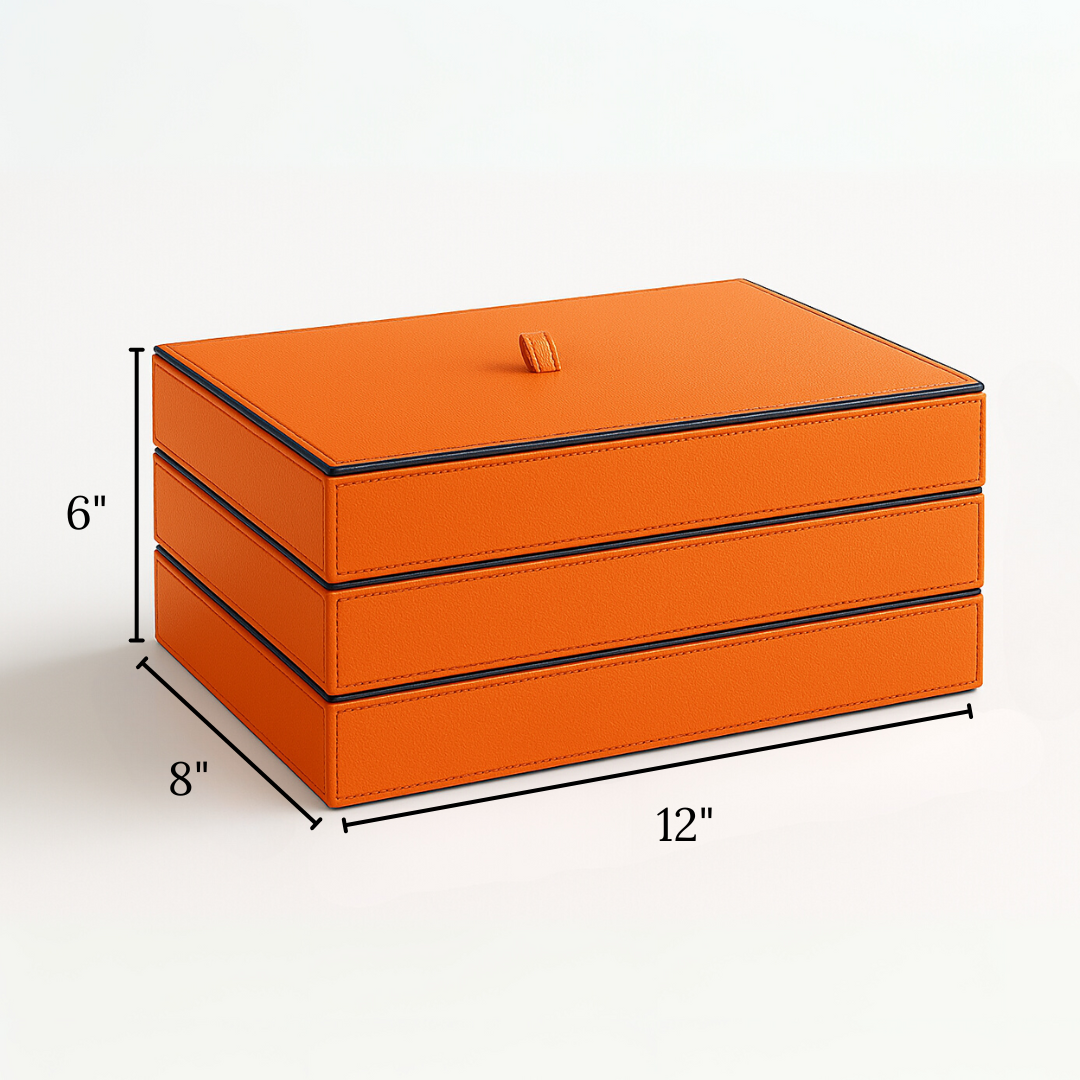 Orange Faux Leather Set of 3 Stack Tray With Lid