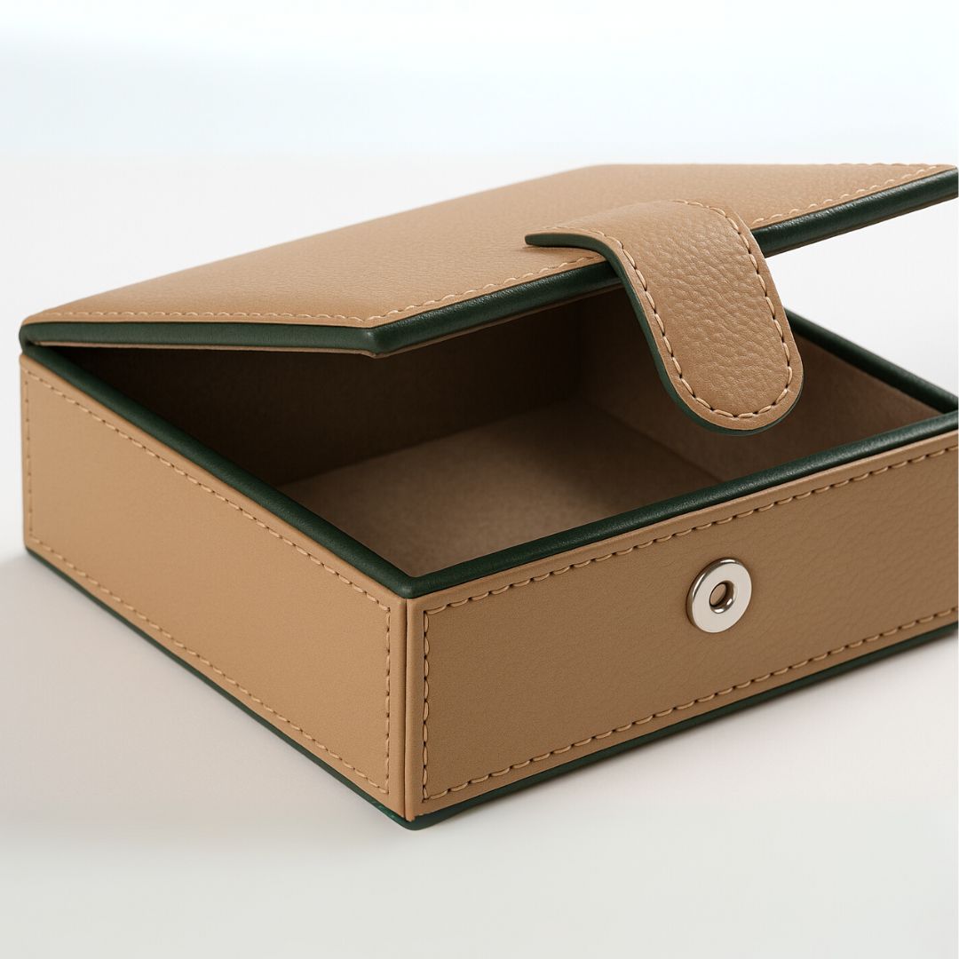 Beige Faux Leather Small Storage Box with Magnetic Lock