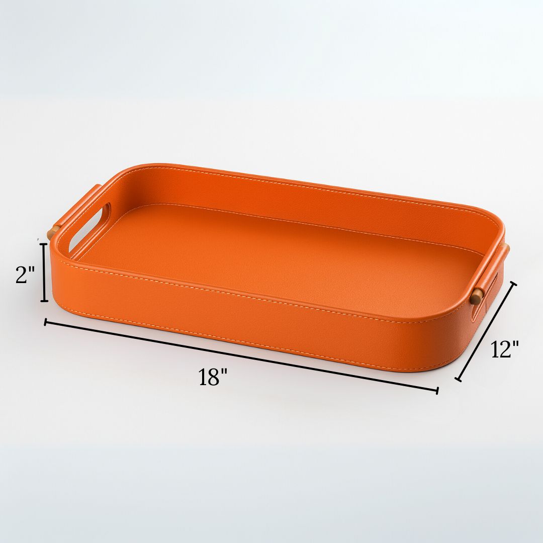 Orange Faux Leather Large Serving Tray With Wooden Handle