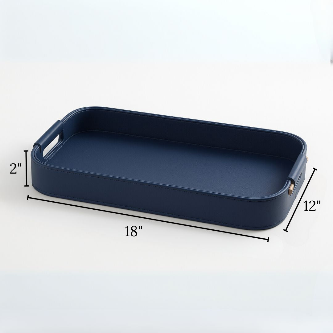 Blue Faux Leather Large Serving Tray With Wooden Handle