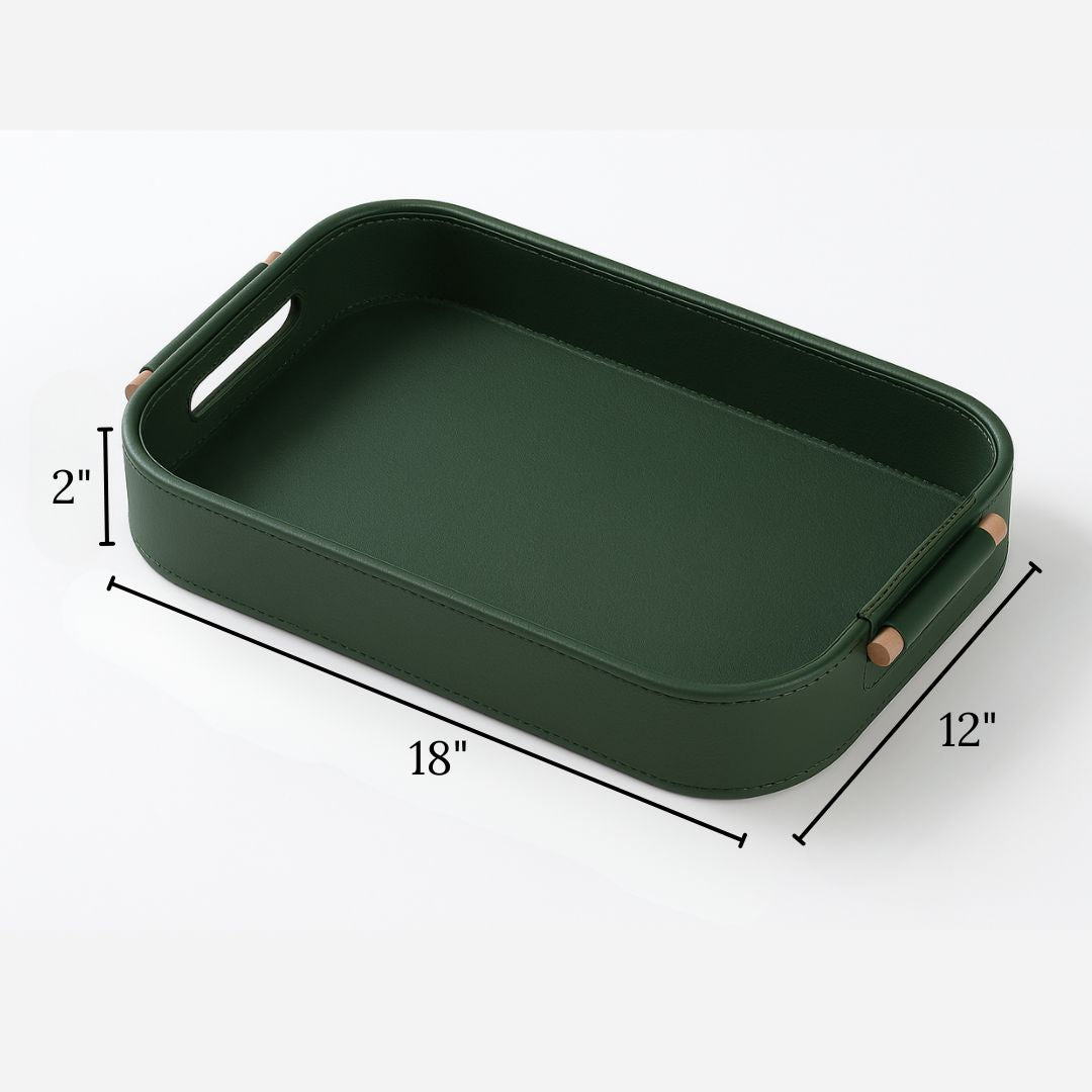 Green Faux Leather Large Serving Tray With Wooden Handle
