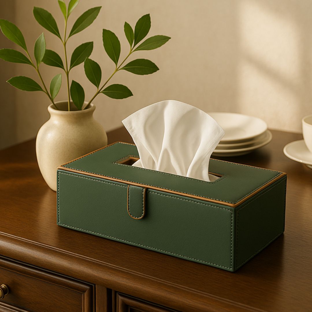 Green Faux Leather Tissue Box Holder