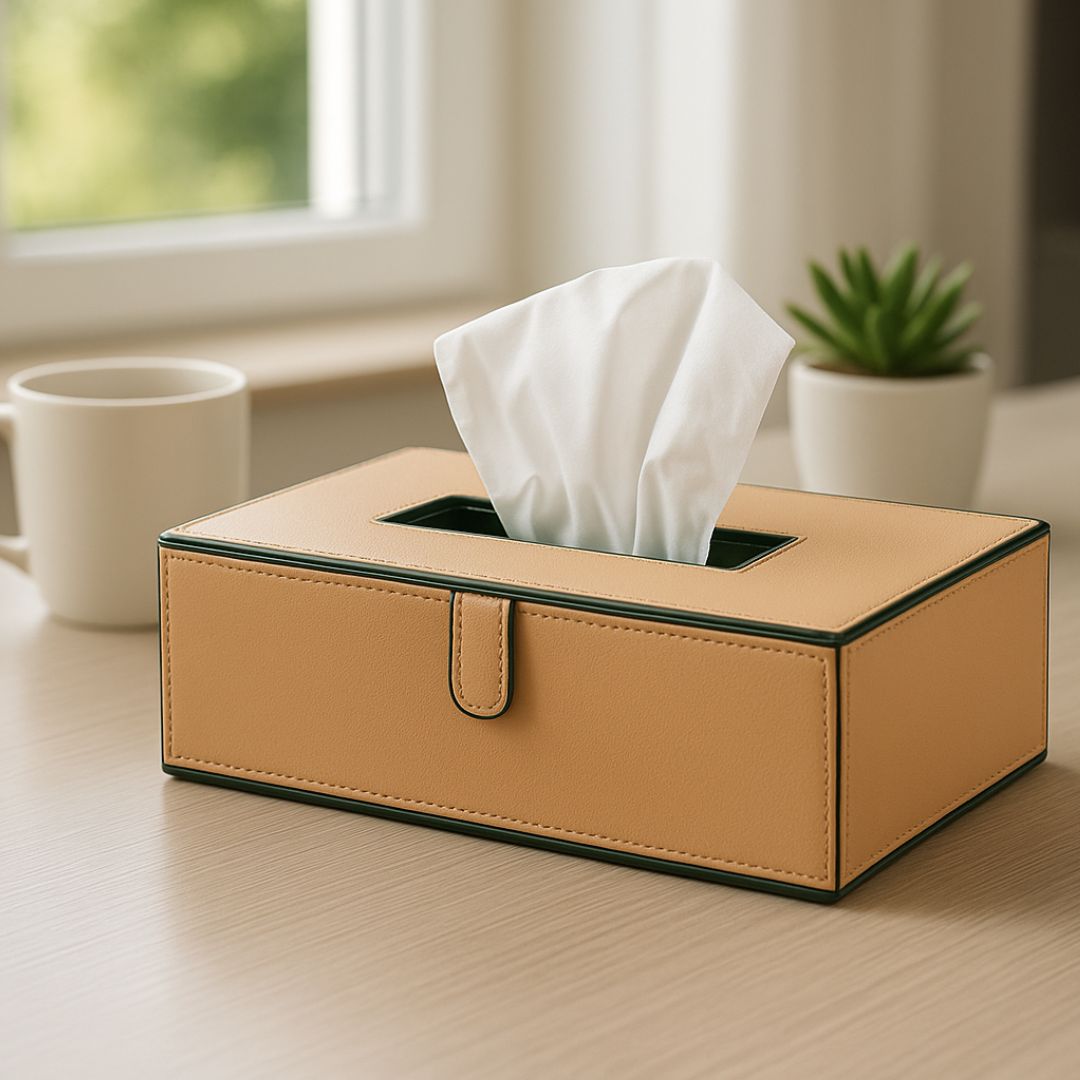 Beige Faux Leather Tissue Box Holder