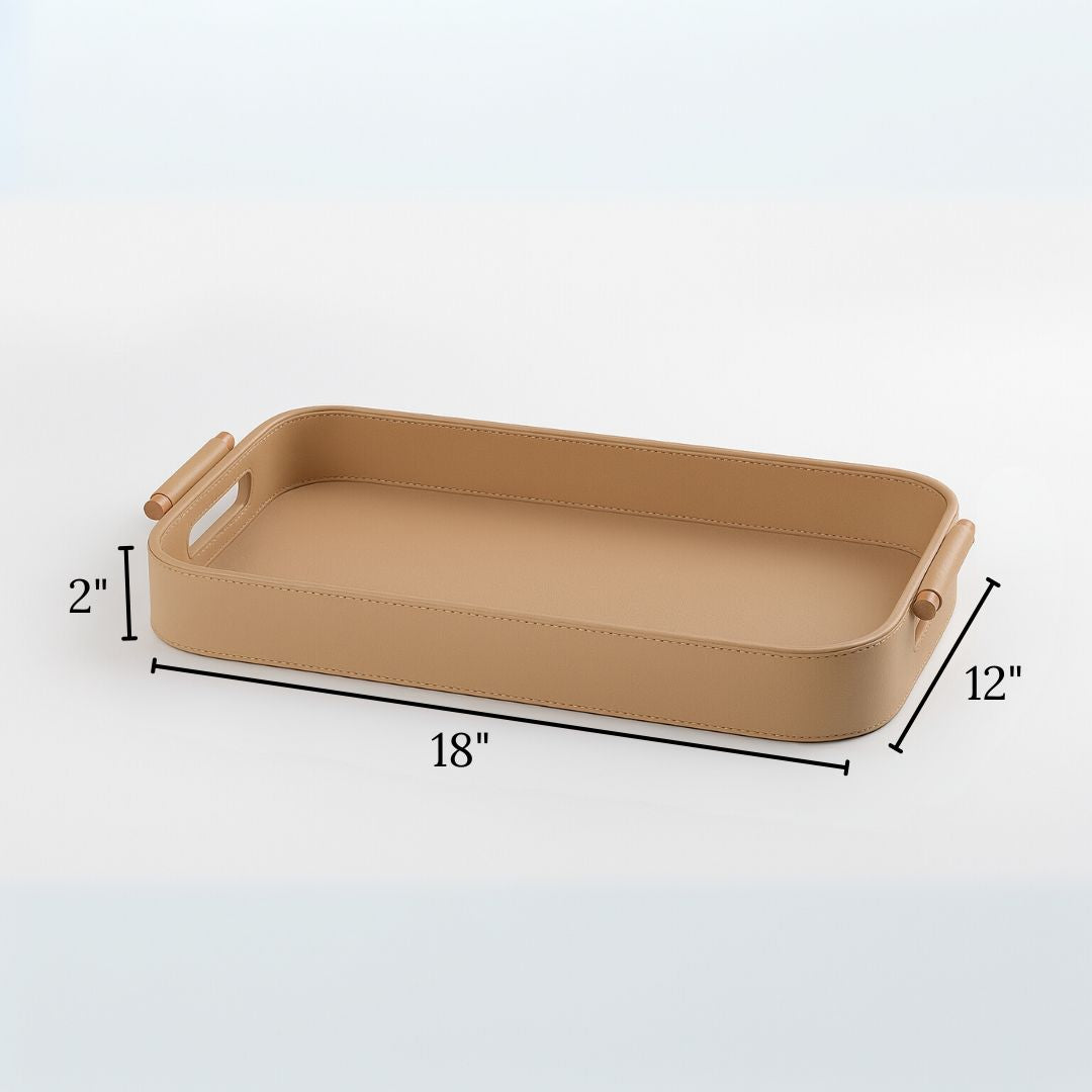 Beige Faux Leather Large Serving Tray With Wooden Handle