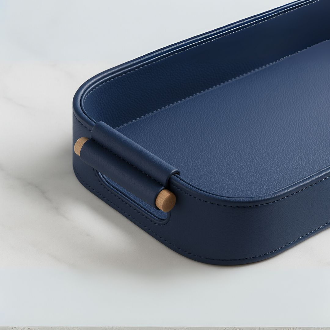 Blue Faux Leather Large Serving Tray With Wooden Handle