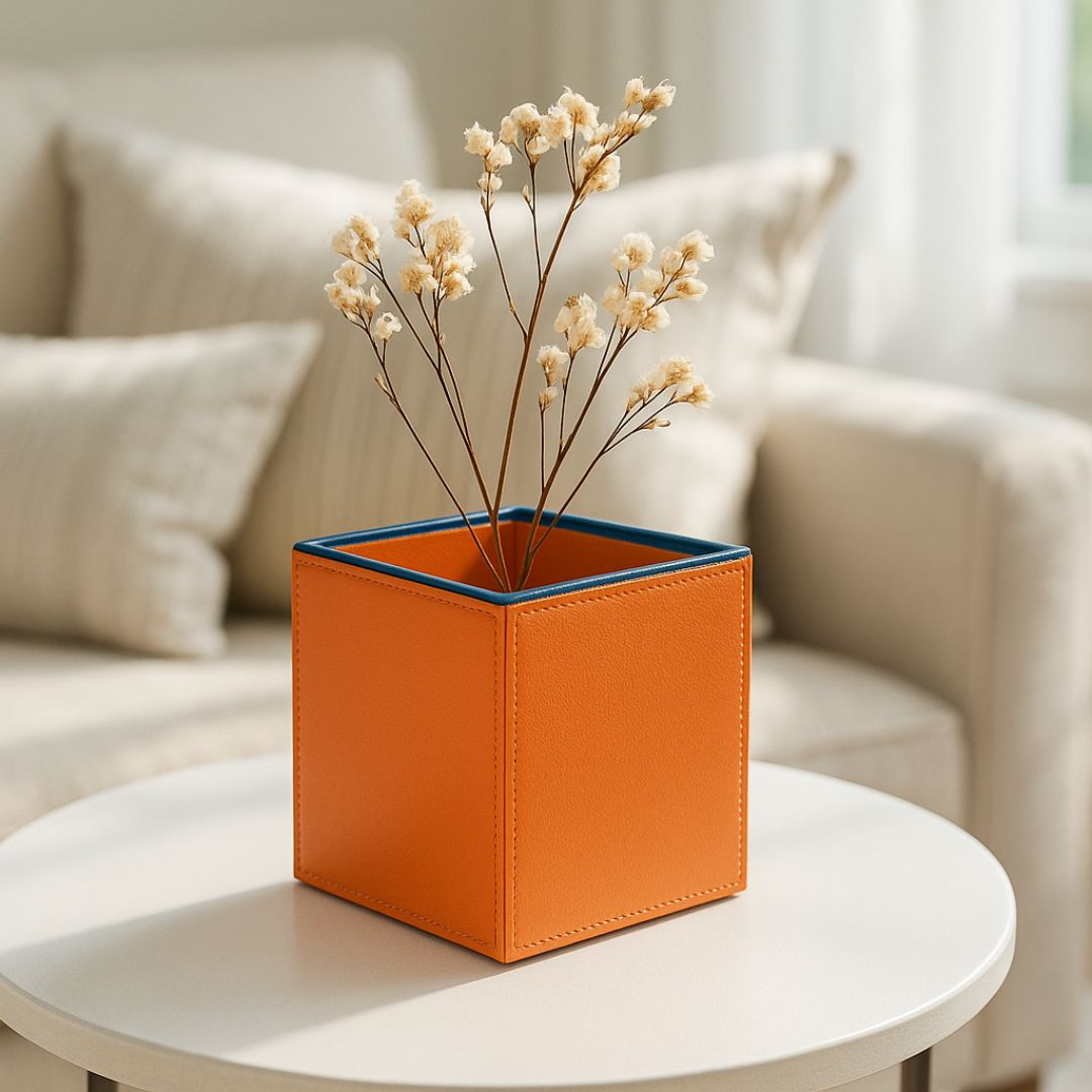Orange Faux Leather Small Vertical Flower Vase