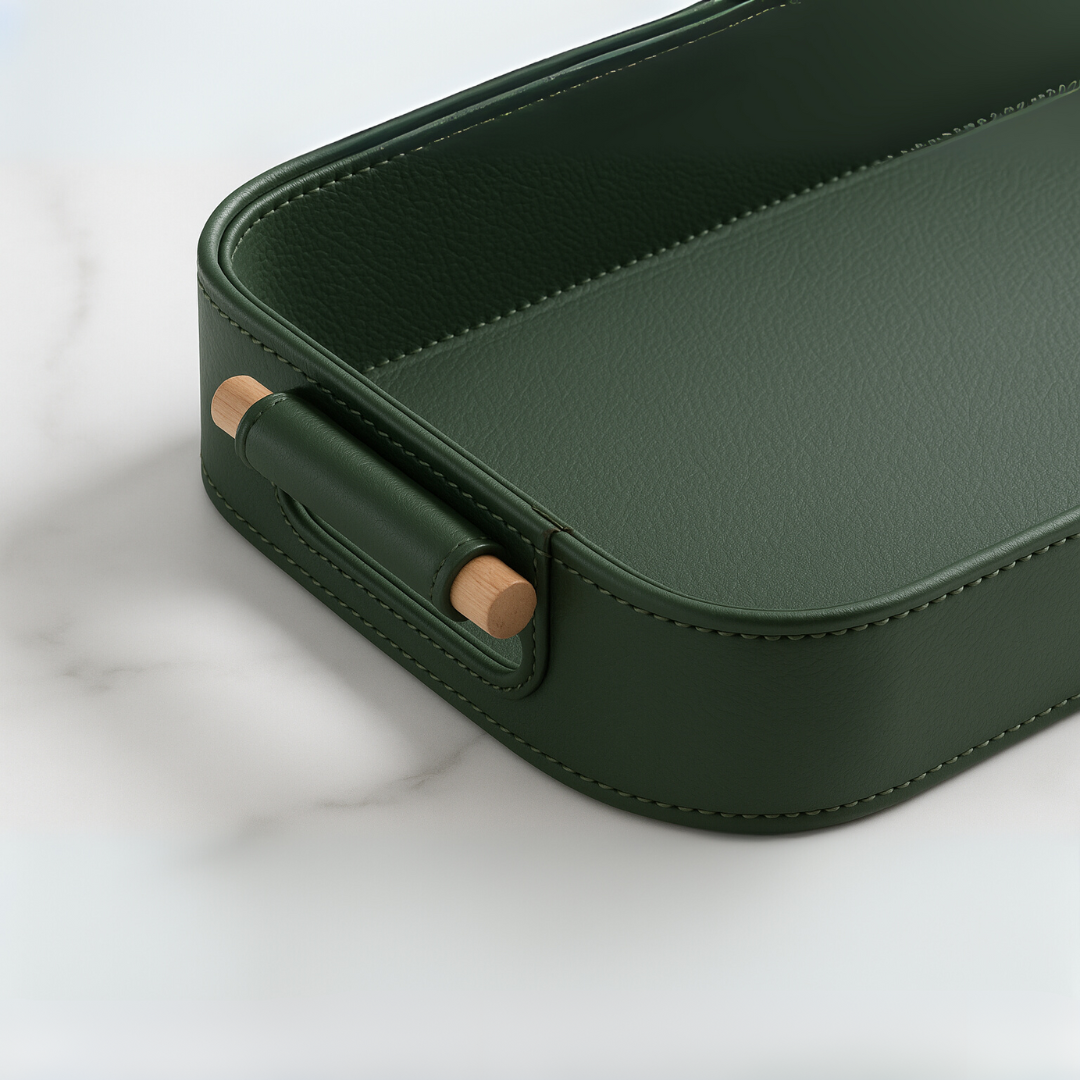Green Faux Leather Small Serving Tray With Wooden Handle