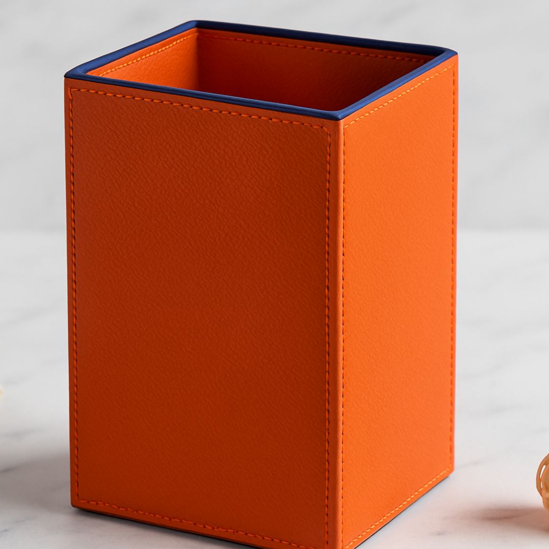 Orange Faux Leather Medium Vertical Flower Vase