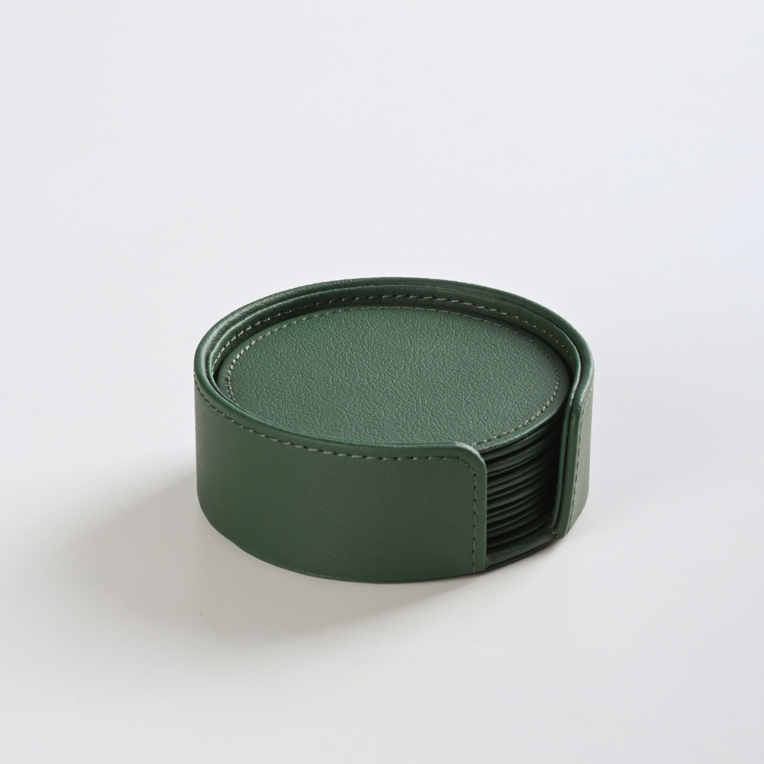 Green Faux Leather Coaster Set