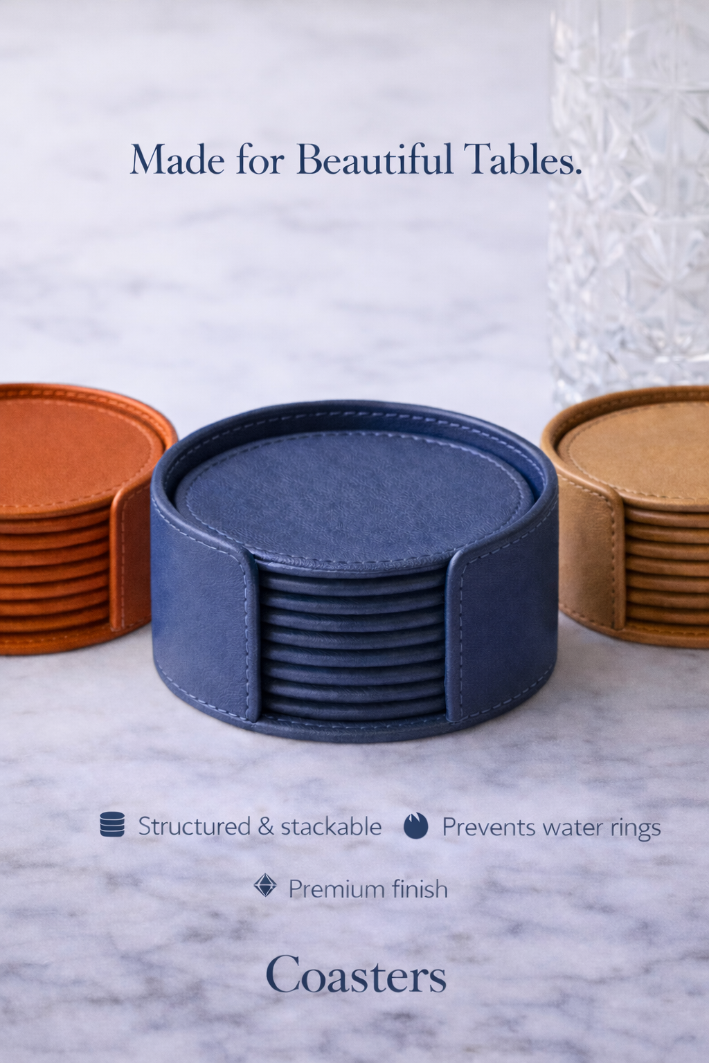 Blue Faux Leather Coaster Set