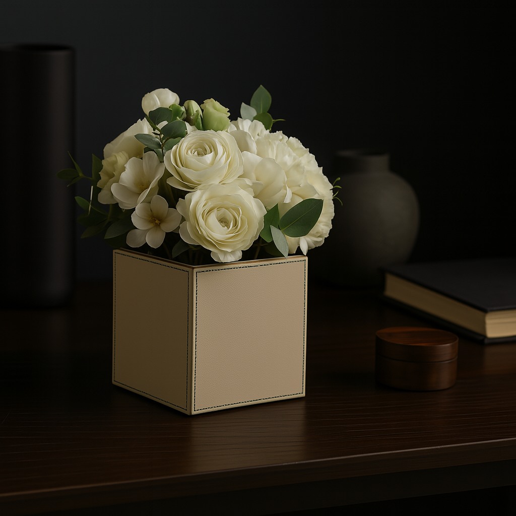 Beige Faux Leather Small Vertical Flower Vase