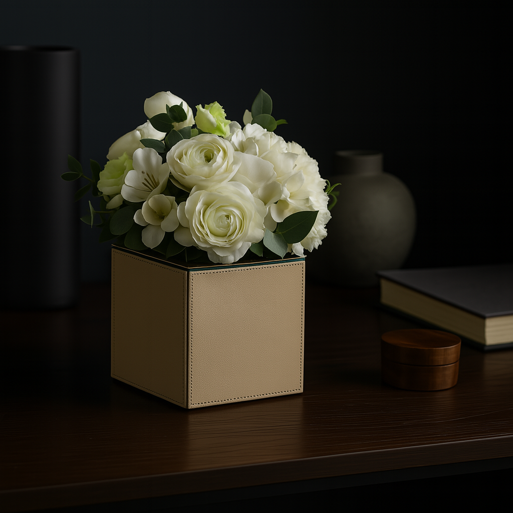 Beige Faux Leather Small Vertical Flower Vase