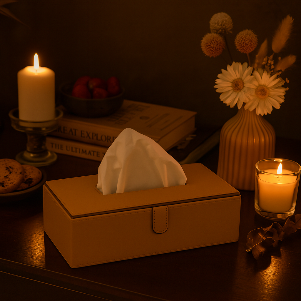 Beige Faux Leather Tissue Box Holder