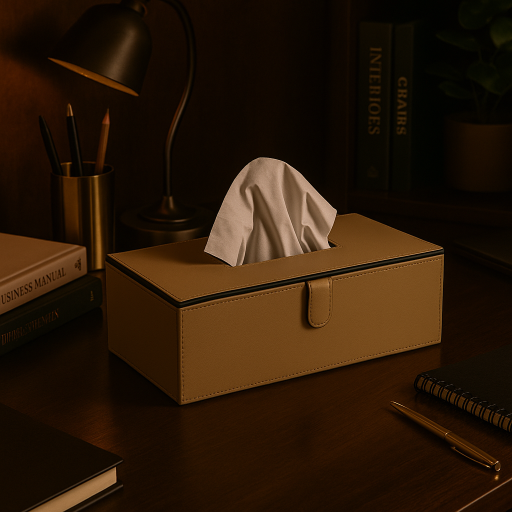 Beige Faux Leather Tissue Box Holder