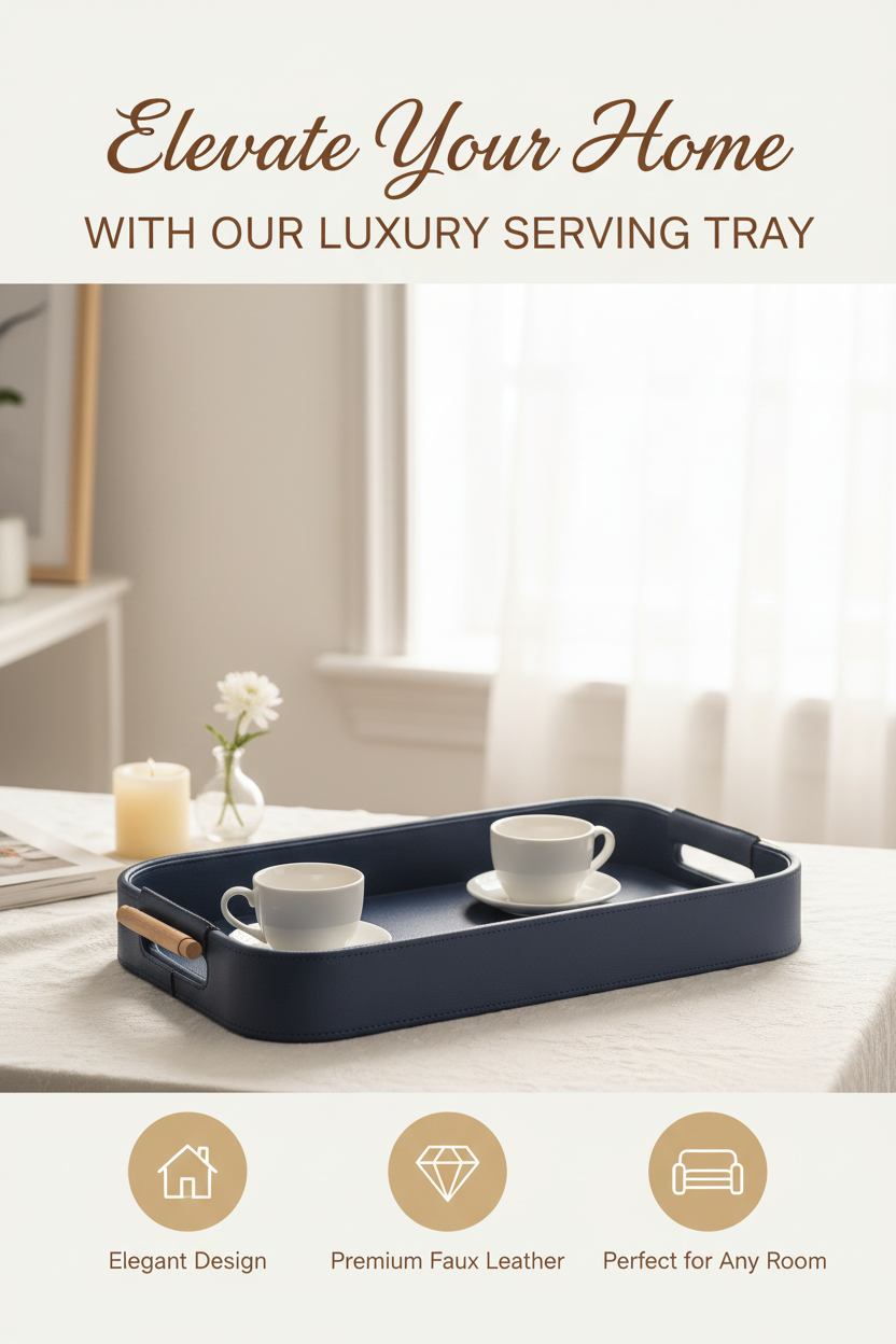 Blue Faux Leather Small Serving Tray With Wooden Handle