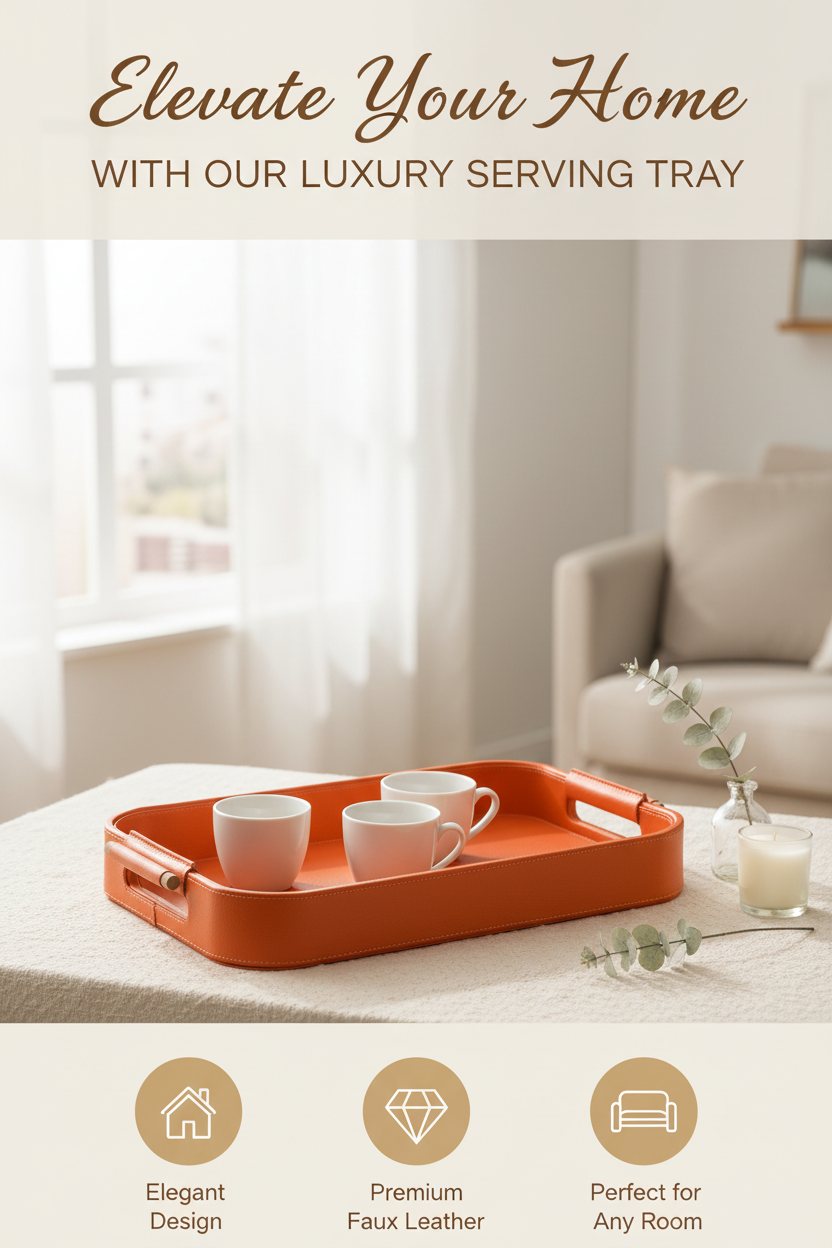 Orange Faux Leather Small Serving Tray With Wooden Handle