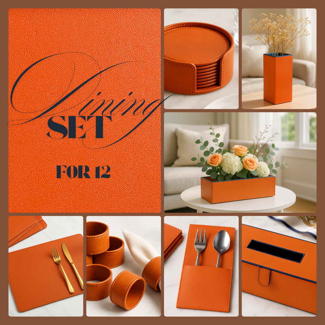 Orange Faux Leather Dining Set For 12