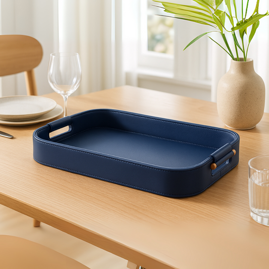Blue Faux Leather Small Serving Tray With Wooden Handle