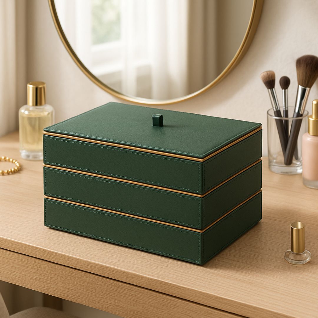 Green Faux Leather Set of 3 Stack Tray With Lid