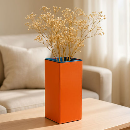 Orange Faux Leather Medium Vertical Flower Vase